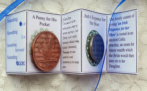Irish Wedding Memento, Bride and Groom gift, A Penny for His Pocket and a Sixpence for Her Shoe, A good luck charm.