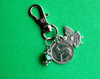 Irish Threepenny Rabbit/Hare and Harp Coin with Angel charm and Faceted Emerald bead, Zipper Pull, 1963 and Lots of Dates