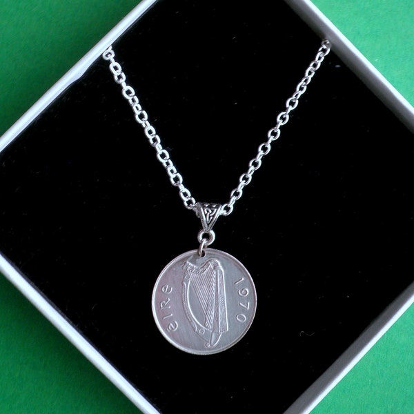 Irish Gift 1971, Irish Coin Pendant, 1966, Eire 5p Coin, 1986, 1970 Sold, featuring The Harp and Charging Bull of Táin Legend.