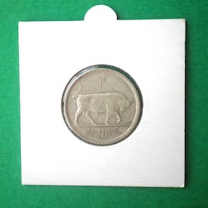 May include: A silver Irish one shilling coin featuring a bull with the inscription "1s" and "scúnn" on the coin.