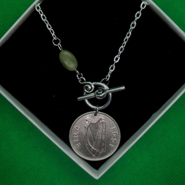 1951 Irish coin, Salmon coin necklace, Reversible Necklace, 73rd Birthday coin, Salmon Story card, Salmon of Knowledge, Connemara Marble