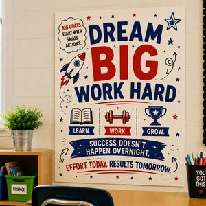 Motivational Classroom Poster | Dream Big Work Hard Student Art (Digital Download)