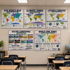 May include: Five educational wall posters featuring geography and science themes: The World Map, Climate Zones, Latitude & Longitude, Major Landforms, and World Time Zones. Each poster displays colorful maps, diagrams, and text labels for classroom use.