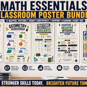 May include: A set of five educational math posters titled Math Essentials Classroom Poster Bundle, featuring Algebra Basics, Geometry, Fractions Decimals & Percents, Positive & Negative Integers, and PEMDAS with colorful diagrams and text.