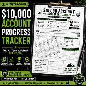 May include: A black clipboard holding a white $10,000 Account Progress Tracker sheet with green and black text, a 100-square grid, milestone checkpoints, and a daily progress log, accompanied by a black pen on the right side of the document.