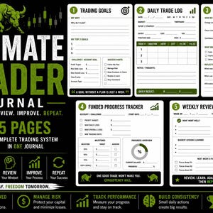 May include: A black and green trading journal template featuring five distinct sections: Trading Goals, Daily Trade Log, Psychology Check-in, Funded Progress Tracker, and Weekly Review. The layout includes text, icons, and blank fields for tracking financial performance, trading strategies, and personal progress.