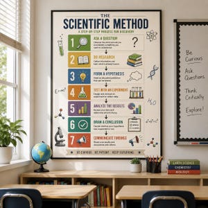 Op de afbeelding: Een ingelijste educatieve poster met de titel The Scientific Method, A Step-By-Step Process For Discovery. Het bevat zeven genummerde stappen met kleurrijke iconen en tekst, waaronder Ask A Question, Do Research, Form A Hypothesis, Test With An Experiment, Analyze The Results, Draw A Conclusion en Communicate Findings.