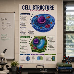 Może przedstawiać: Edukacyjny plakat ścienny zatytułowany Cell Structure The Basic Unit of Life, przedstawiający szczegółowe schematy komórki zwierzęcej i roślinnej z ponumerowanymi etykietami organelli, takich jak jądro, mitochondria i rybosomy, na białym tle.