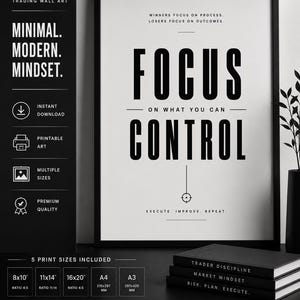 Peut inclure: Une affiche encadrée en noir avec le texte blanc : Winners focus on process. Losers focus on outcomes. Focus on what you can control. Execute. Improve. Repeat. Le design inclut une icône de cible et est présenté avec trois livres noirs.