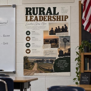 May include: A vertical poster titled Rural Leadership featuring text, icons, and photographs of rural life. The design includes images of people in a field, cattle, a windmill, and a landscape, with the text Leaders Grow Here and Rural Roots Bright Futures.