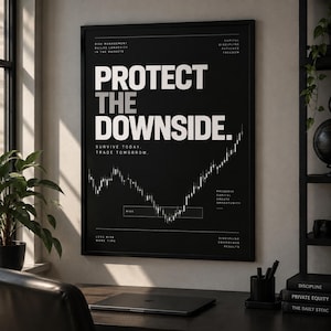 Può includere: Una stampa artistica da parete con cornice nera che riporta il testo bianco PROTECT THE DOWNSIDE. Il design include un grafico azionario a candele bianco, testo aggiuntivo come SURVIVE TODAY, TRADE TOMORROW e varie frasi finanziarie in un font pulito.