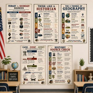 Peut inclure: Cinq affiches murales éducatives présentant des concepts historiques et géographiques. Les tableaux incluent Primary vs. Secondary Sources, Think Like a Historian, The 5 Themes of Geography, Cause-Event-Effect et History Source Check avec texte.