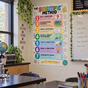 Könnte beinhalten: Ein großes pädagogisches Wandplakat mit dem Titel The Scientific Method, das sieben nummerierte Schritte von Ask a Question bis Communicate Results zeigt. Das bunte Diagramm enthält Symbole wie eine Lupe, Bücher, ein Becherglas und eine Glühbirne.