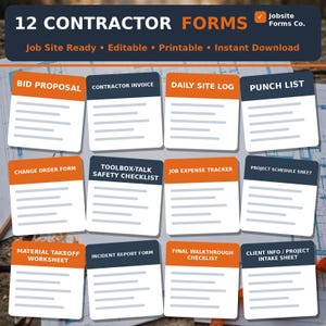 Op de afbeelding: Een set van 12 formulieren voor aannemers met de titels Bid Proposal, Contractor Invoice, Daily Site Log, Punch List, Change Order Form, Toolbox-Talk Safety Checklist, Job Expense Tracker, Project Schedule Sheet, Material Takeoff Worksheet, Incident Report Form, Final Walkthrough Checklist en Client Info / Project Intake Sheet.