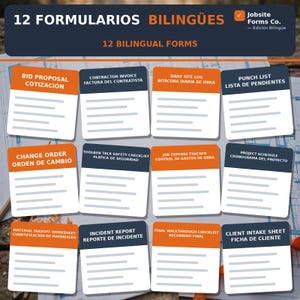 Könnte beinhalten: Ein Set aus 12 zweisprachigen Formularen für Bauprojekte mit orangefarbenen und dunkelblauen Kopfzeilen und weißem Text. Die Formulare enthalten Titel wie Bid Proposal, Contractor Invoice, Daily Site Log, Punch List und Job Expense Tracker.