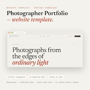 May include: A website template for a photographer portfolio featuring the text Photographer Portfolio - website template, Mara Lindqvist, and Photographs from the edges of ordinary light. The design includes navigation menus, responsive features, and technical details.