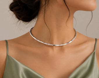 925 Sterling Silver Choker Necklace, Hammered Collar, Minimalist Statement Jewelry