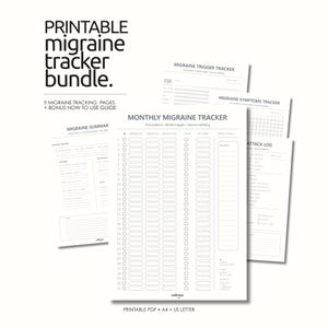 Printbaar pakket met migraine-tracker, hoofdpijndagboek, logboek voor symptomen en triggers, A4 + US Letter-formaat.