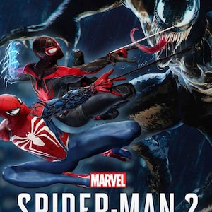May include: A promotional poster for Marvel Spider-Man 2 featuring Spider-Man in a red and blue suit, Miles Morales in a black and red suit with blue electricity, and the black creature Venom with a long tongue, all set against a dark background.