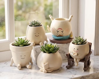 Vaso in resina con faccina sorridente, vaso creativo per piante grasse, decorazione per piante da interno, regalo per amanti delle piante, divertente decorazione da scrivania, regalo carino per lei
