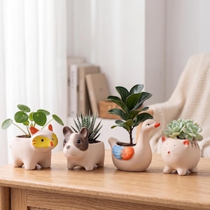 かわいい動物柄のセラミック製多肉植物プランター、小さな動物の植木鉢、手描きの鉢、室内植物装飾、植物好きへのギフト、彼女へのギフト