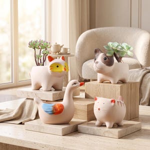 Whimsical Cat/Dog/Duck Planter, Hand-Painted Animal Ceramic Pot,Small Animal Flower Pot, Desk Decor, Cute Gift For Her