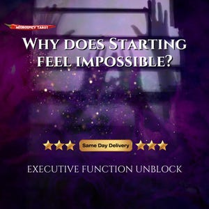 Könnte beinhalten: Eine digitale Grafik mit tiefviolettem Hintergrund, die den Text "WHY DOES STARTING FEEL IMPOSSIBLE?" und "EXECUTIVE FUNCTION UNBLOCK" enthält. Das Design umfasst ein Chilischoten-Symbol, den Text "NEUROSPICY TAROT" und sechs goldene Sterne.