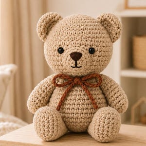 Op de afbeelding: Een beige gehaakte teddybeer met een donkerbruin geborduurde neus en mond, zwarte plastic ogen en een donkerbruine gehaakte strik om de nek. Het knuffeldier is gemaakt van garen met een zichtbaar gestructureerd steekpatroon over het hele lijf.