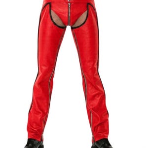 Men's Red Leather Cut-Out Pants – Genuine Leather Slim Fit Biker Trousers, Statement Clubwear, Custom Steampunk Leather Chaps