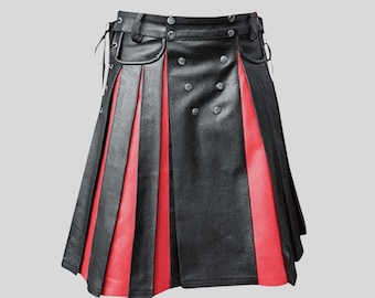 Falda escocesa gótica utilitaria de cuero negro y rojo para hombre: falda escocesa punk motera plisada con bolsillos y correas laterales ajustables.