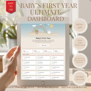 Puede incluir: Una tableta digital que muestra la interfaz Baby's First Year Ultimate Dashboard. La pantalla presenta una ilustración en tonos pastel de un oso y un conejo bajo un arcoíris, con módulos de seguimiento para alimentación, sueño, pañales y salud.