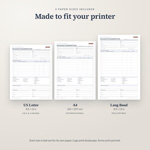 Puede incluir: Tres plantillas de formulario de transmisi&oacute;n de documentos etiquetadas como US Letter 8.5 x 11 pulgadas, A4 210 x 297 mm y Long Bond 8.5 x 13 pulgadas. El texto dice 3 PAPER SIZES INCLUDED, Made to fit your printer y Each size is laid out for its own paper.