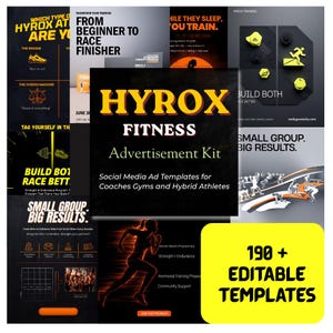 May include: A digital advertisement kit for Hyrox fitness featuring 190+ editable social media templates. The design includes black, yellow, and orange colour schemes with text overlays such as From Beginner to Race Finisher and Small Group Big Results.