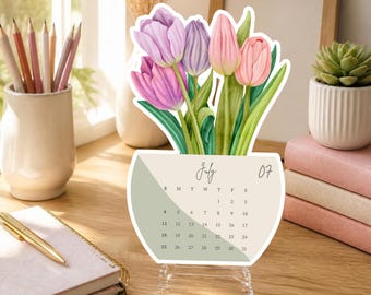 Druckbarer Kalender 2027, Tulpen-Wandkalender, Aquarell-Blumenkalender, monatlicher Tischkalender mit Blumenmuster, 5x7 Zoll, Salbeigrün, Sofort-Download