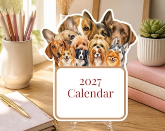 2027年犬カレンダー（印刷可能）、水彩画風犬種卓上カレンダー（5x7インチ）、かわいい子犬の月間カレンダー、犬好きへのギフト、ニュートラルプランナー（PDF）