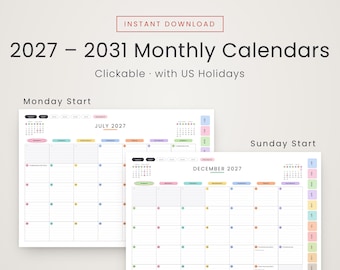 Puede incluir: Conjunto de calendarios mensuales digitales 2027-2031 con enlaces clicables y días festivos de EE. UU. Incluye dos opciones de diseño con inicio en lunes o domingo, presentados en páginas blancas con encabezados coloridos.