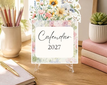 Kwiatowy kalendarz biurkowy na 2027 rok do druku | Miniaturowy kalendarz kwiatowy 5x7 | Miesięczny kalendarz botaniczny z akwarelami | Dekoracja biurka | Pobierz PDF natychmiast