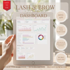 May include: A digital tablet displaying a Lash & Brow Studio Dashboard with various data charts, graphs, and performance metrics. The screen shows financial summaries, service trends, and a pie chart. Text includes "Easy to use," "Mini-app," "One-time purchase," "No Excel & spreadsheet needed," "Works offline," "Interactive HTML tool," "No subscription," and "Instant download."