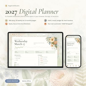 Könnte beinhalten: Ein digitaler Planer für 2027 auf einem Laptop- und Smartphone-Bildschirm. Die Benutzeroberfläche zeigt florale Aquarellakzente, tägliche, wöchentliche und monatliche Seiten sowie Tracker für Gewohnheiten, Stimmung, Budget und Mahlzeiten.