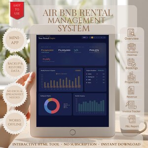 Puede incluir: Una tableta que muestra un panel de sistema de gestión de alquileres Air BNB con interfaz azul oscuro, datos financieros, gráficos de barras y un gráfico de anillos. La pantalla muestra texto que incluye Your Rental Empire, Overview, Occupancy Heatmap, Bookings, Properties, Revenue, Invoice Tracker y P&L Report.