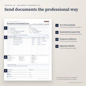 Puede incluir: Un formulario de transmisi&oacute;n de documentos con la etiqueta FORM DC-04. El papel blanco presenta secciones para los detalles del remitente y destinatario, una lista de documentos, casillas de verificaci&oacute;n y bloques de firma al pie.