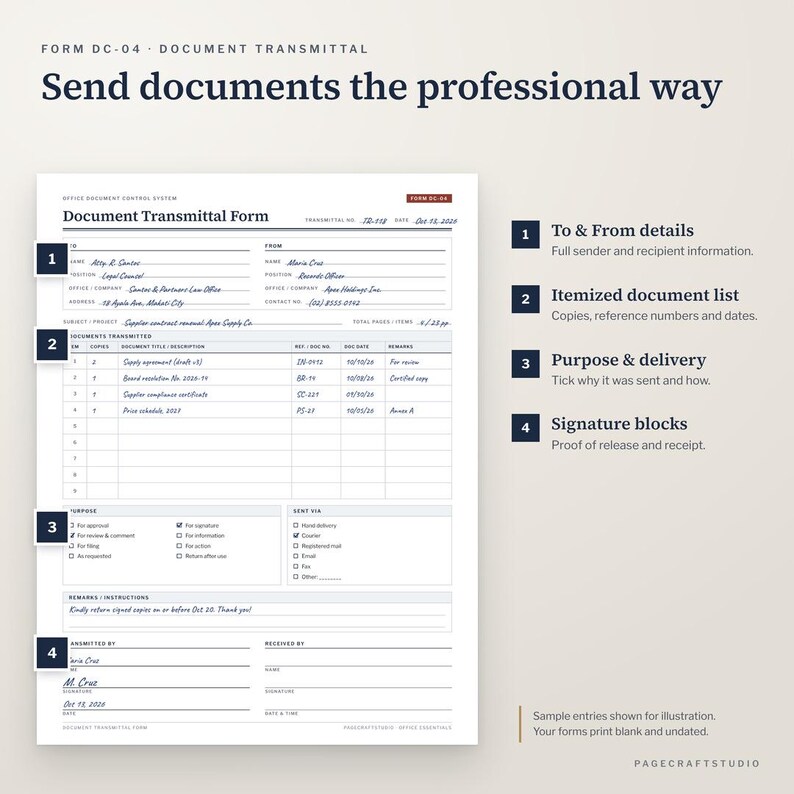 Puede incluir: Un formulario de transmisi&oacute;n de documentos con la etiqueta FORM DC-04. El papel blanco presenta secciones para los detalles del remitente y destinatario, una lista de documentos, casillas de verificaci&oacute;n y bloques de firma al pie.