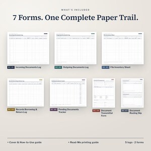 Puede incluir: Un conjunto de siete formularios de gesti&oacute;n documental que incluye registros de documentos entrantes y salientes, hoja de inventario, registro de pr&eacute;stamo y devoluci&oacute;n, seguimiento de documentos pendientes y formularios de env&iacute;o.