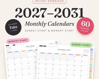 Puede incluir: Un conjunto de calendarios mensuales digitales para 2027-2031 que abarca 60 meses, con pestañas y enlaces clicables. El diseño incluye opciones de inicio en domingo o lunes, elementos codificados por colores y casillas rayadas en A4.