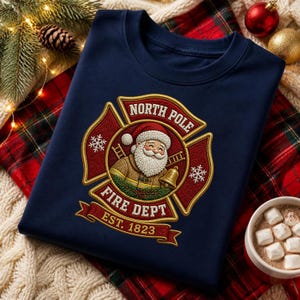 May include: A navy blue crewneck sweatshirt featuring a central embroidered emblem of a North Pole Fire Dept logo. The design includes a smiling Santa Claus, a golden bell, ladders, and the text North Pole Fire Dept Est. 1823.