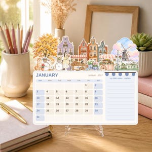 2027 Printable Desk Calendar: Hand-Painted Dutch Scenes, Die-Cut Stacking