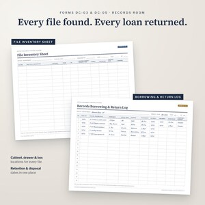 Puede incluir: Dos formularios de papel blanco titulados File Inventory Sheet y Records Borrowing & Return Log. Los documentos presentan dise&ntilde;os de cuadr&iacute;cula para el seguimiento de registros, con columnas para fechas y t&iacute;tulos.