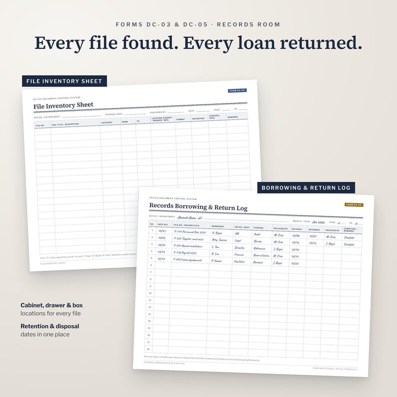 Puede incluir: Dos formularios de papel blanco titulados File Inventory Sheet y Records Borrowing & Return Log. Los documentos presentan dise&ntilde;os de cuadr&iacute;cula para el seguimiento de registros, con columnas para fechas y t&iacute;tulos.