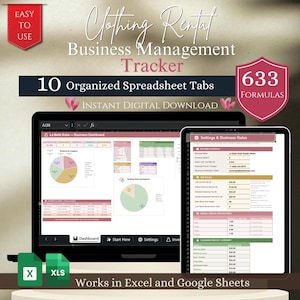 May include: A digital clothing rental business management tracker spreadsheet displayed on a laptop and tablet screen. The interface features a dashboard with pie charts, business settings, and rental rules. Text includes Clothing Rental Business Management Tracker, 10 Organized Spreadsheet Tabs, 633 Formulas, and Instant Digital Download.