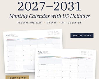 Puede incluir: Un calendario mensual en PDF imprimible para 2027-2031 con días festivos de EE. UU. El documento incluye formatos A4 y carta de EE. UU., cubriendo cinco años de días festivos federales. Se muestran dos páginas de calendario, una con inicio en domingo y otra en lunes, sobre un fondo beige claro con texto azul oscuro.